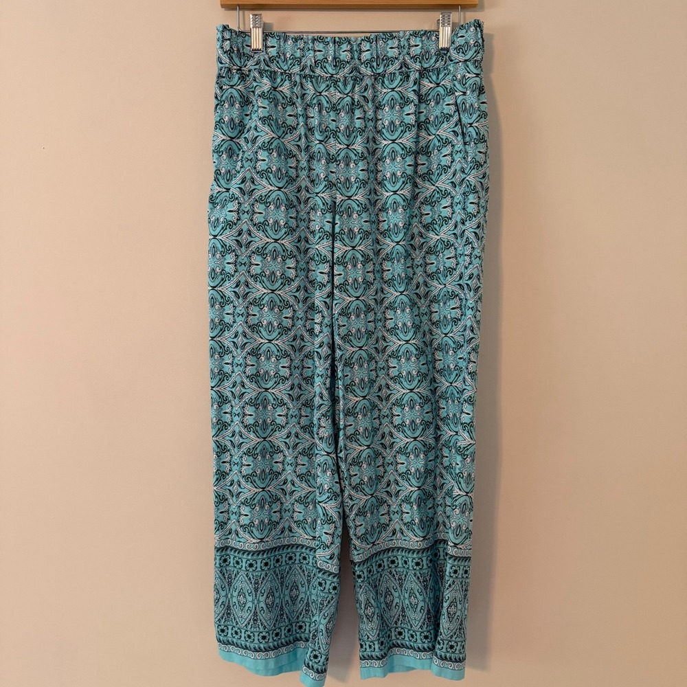 Talbots Nantucket Pull-On Wide Leg Crop Pant Teal Paisley Medallion Women Size S